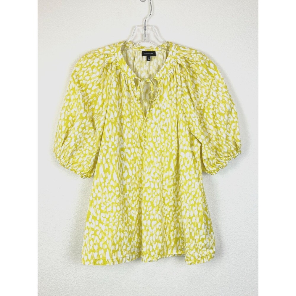 Who What Wear Women's Blouse Size L Chartreuse Yellow Animal Print Puffed Sleeve